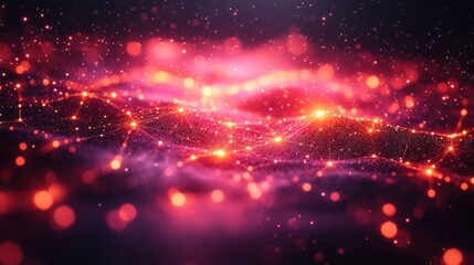 Fototapeta premium Abstract digital landscape with glowing particles and waves in vibrant colors.