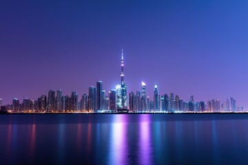 Obraz premium A city skyline is reflected in the water at night. The city is lit up with lights, creating a beautiful and serene atmosphere