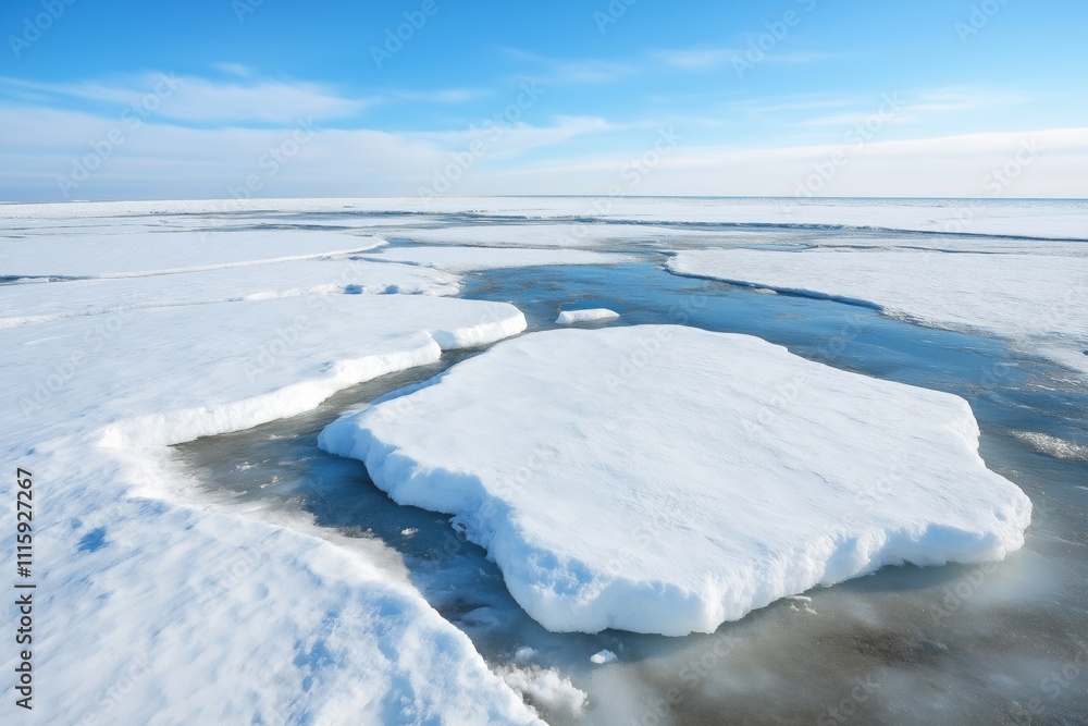 Poster a large ice block sits on the surface of a frozen lake. the ice is surrounded by a vast expanse of s