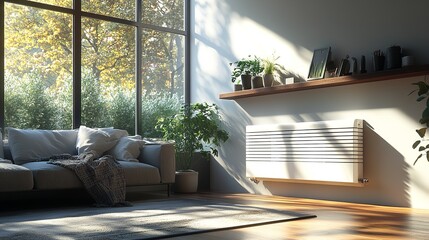 Fototapeta premium A contemporary central heating system with a radiator at home. Generative Ai