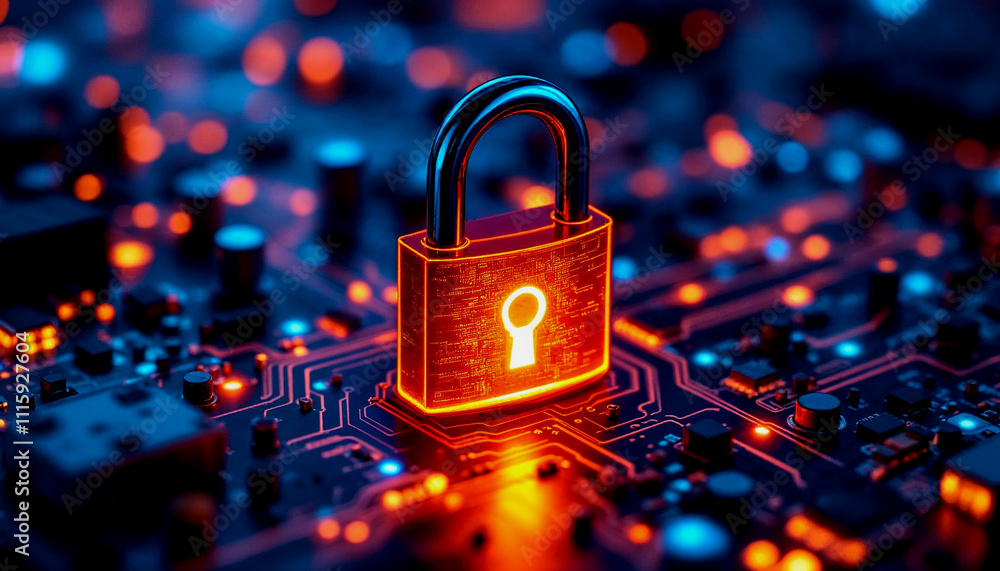 Poster a glowing orange padlock on a circuit board with a keyhole, representing digital security and encryp