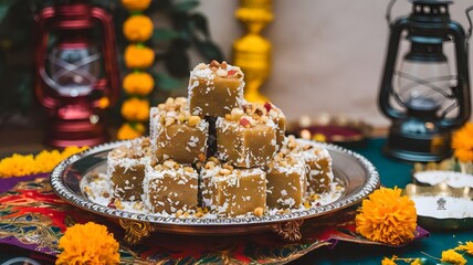 Soft jaggery and coconut barfi pieces garnished with chopped nuts, served on silver plate with festive decor and candles