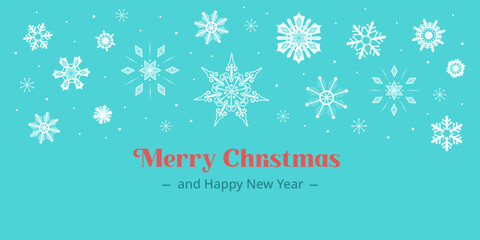 Turquoise Christmas banner simple design with snowflakes. Merry Christmas and happy new year text. Holiday border frame snowflake crystals. Falling snow design for brand greeting gift card, header.