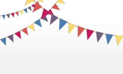 Fototapeta premium Triangle flag garland for birthday party banner. Fair string pennant flag decoration to celebrate summer carnival. 3d hanging triangle holiday paper border tied with string. festival elements