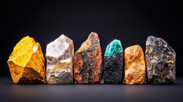 A vibrant display of various raw gemstones, showcasing unique colors and textures against a dark background.