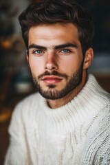 Fototapeta premium Man with beard and mustache, stylishly dressed in a knit sweater.