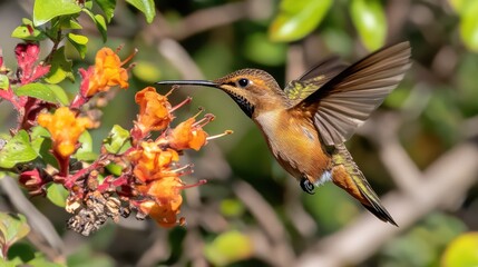 Obraz premium Vibrant Hummingbird Feeding on Orange Flowers in Nature