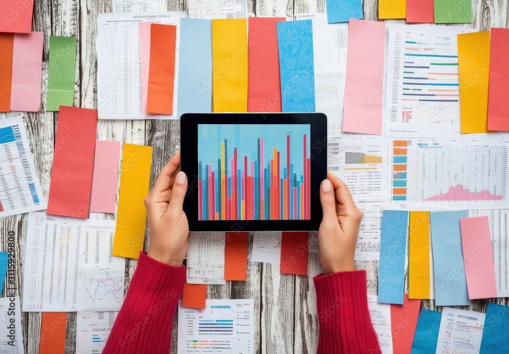 Aufkleber hands holding a tablet displaying colorful data charts surrounded by colorful papers and business do