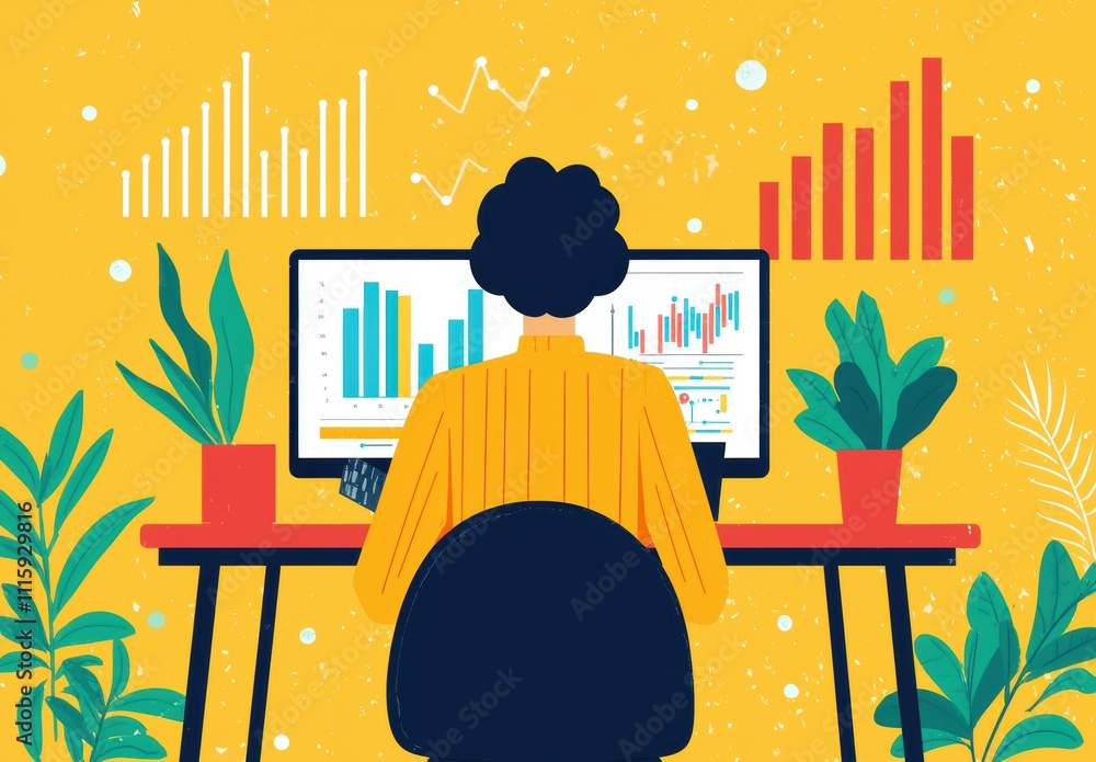 Poster vibrant illustration of a person analyzing data on a desktop computer surrounded by green plants and