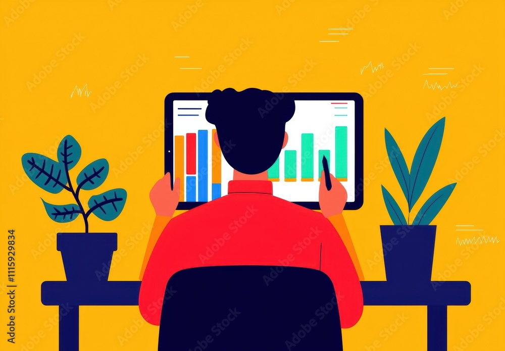 Aufkleber person working on digital marketing strategy with colorful graphs and charts on computer screen surr