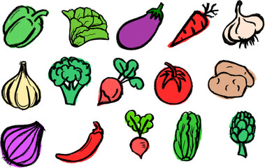 Fototapeta premium Vegetables Colorful Icons Drawing Crayon Chalk Vector Set