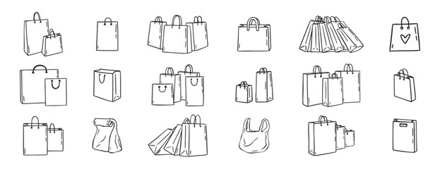 Shopping bags icons doodle hand drawn set. Paper shopping bags drawing line outline vector black Set 