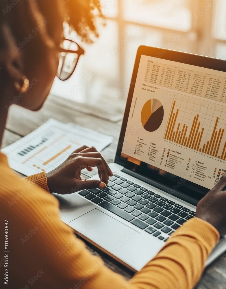 Poster young woman analyzing financial data on laptop with graphs and charts while working from home during