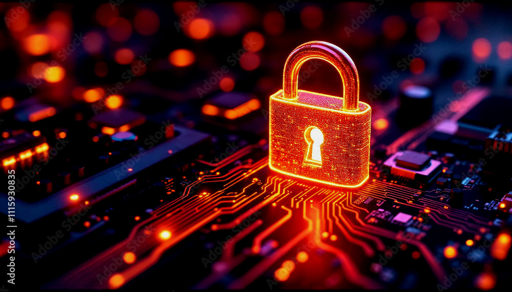 Poster a glowing orange padlock on a circuit board with a keyhole, representing digital security and encryp