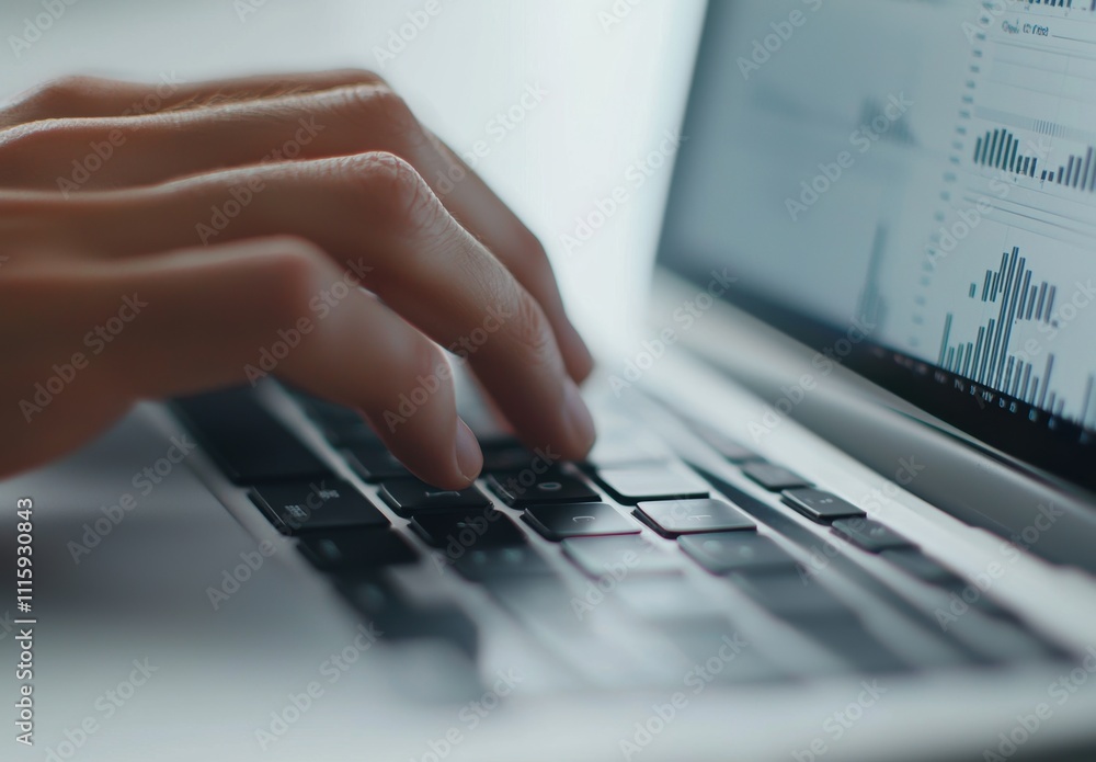 Poster close-up of fingers typing on laptop keyboard with data charts visible on screen in soft natural lig