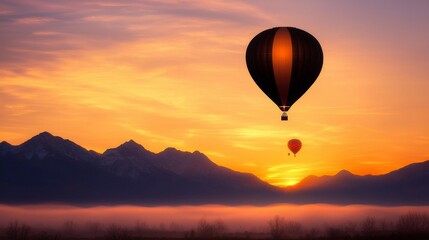 Obraz premium Majestic Sunrise Hot Air Balloon Flight over Misty Mountains