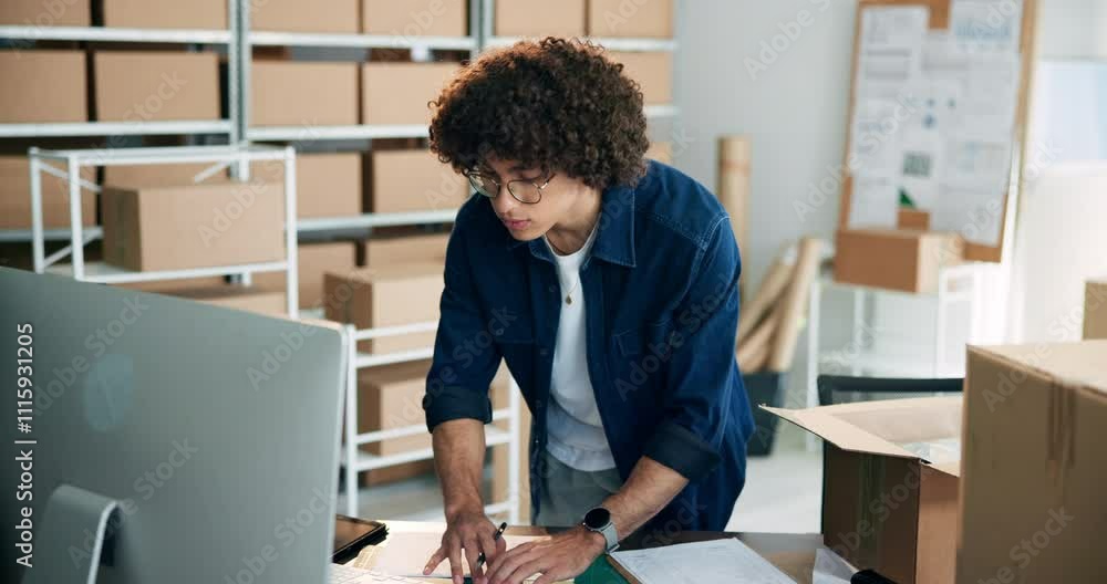Poster warehouse, computer and business man for distribution, supply chain and stock inventory for ecommerc