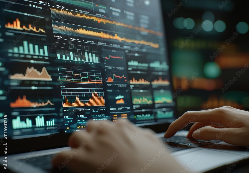 Poster detailed insight into data analysis on a laptop screen with colorful graphs and charts for business 