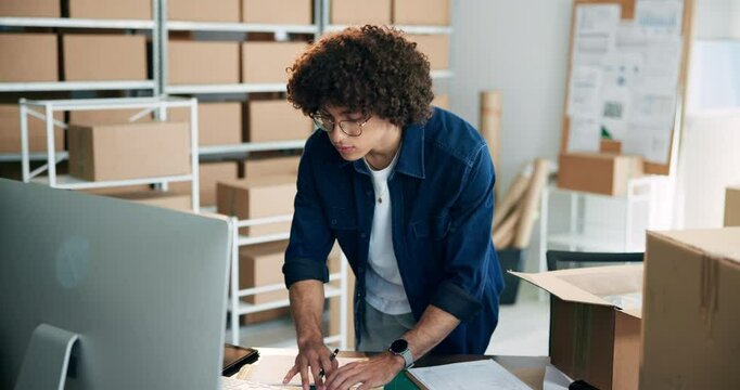 Warehouse, computer and business man for distribution, supply chain and stock inventory for ecommerce. Manufacturing, dropshipping and person typing online for logistics, planning and shipping boxes
