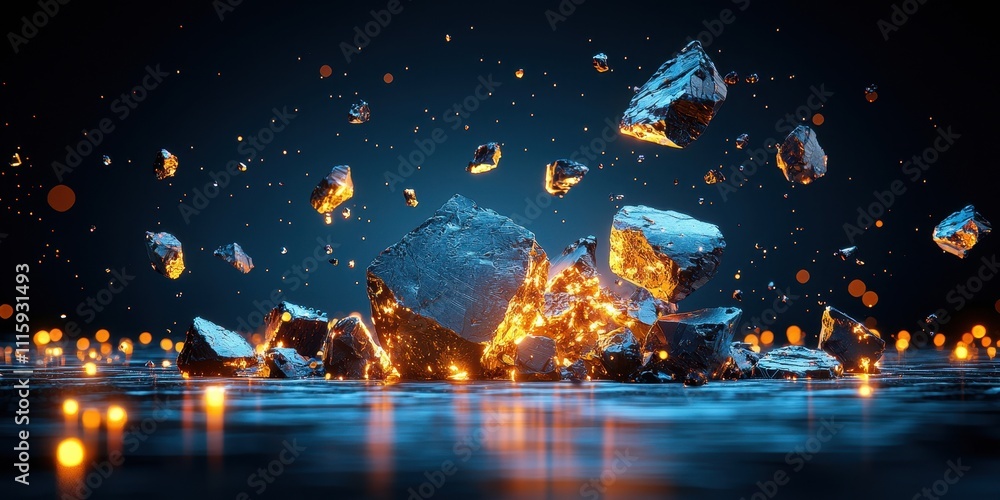 Poster a dynamic scene showing rocks shattering and scattering, illuminated by glowing sparks against a dar