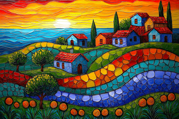 Abstract Sunset Village Wall Art with Bold Patterns for Living Room Decor