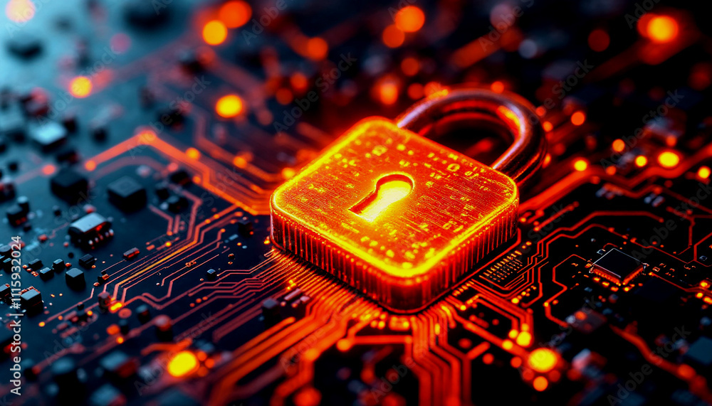 Poster a glowing orange padlock on a circuit board with a keyhole, representing digital security and encryp