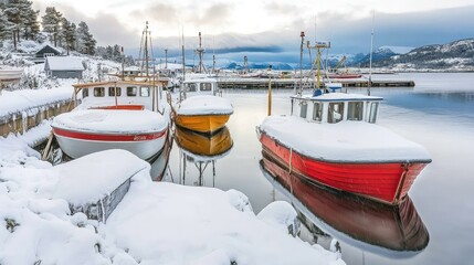 Snow-Covered Boats Docked in Tranquil Winter Harbor Landscape