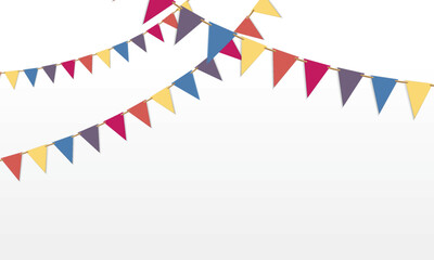 Obraz premium Triangle flag garland for birthday party banner. Fair string pennant flag decoration to celebrate summer carnival. 3d hanging triangle holiday paper border tied with string. festival elements