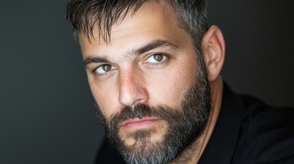 Obraz premium Portrait of a man with a beard and intense gaze, showcasing striking features and emotions in a soft-focus background for artistic and commercial use
