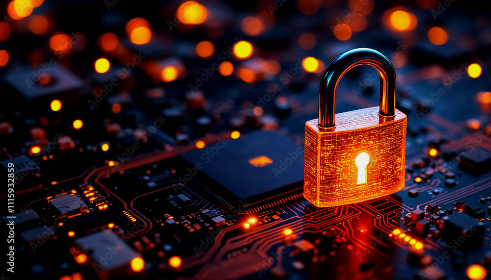 Poster a glowing orange padlock on a circuit board with a keyhole, representing digital security and encryp