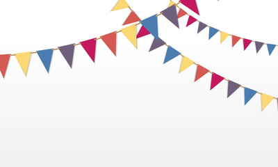Obraz premium Triangle flag garland for birthday party banner. Fair string pennant flag decoration to celebrate summer carnival. 3d hanging triangle holiday paper border tied with string. festival elements