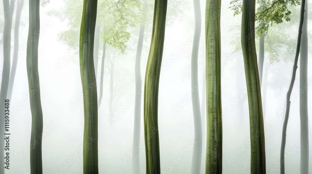 Poster misty forest serenity abstract background with tall trees and fog