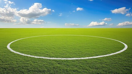 Obraz premium Green Soccer Field Under Blue Sky with White Line Circle