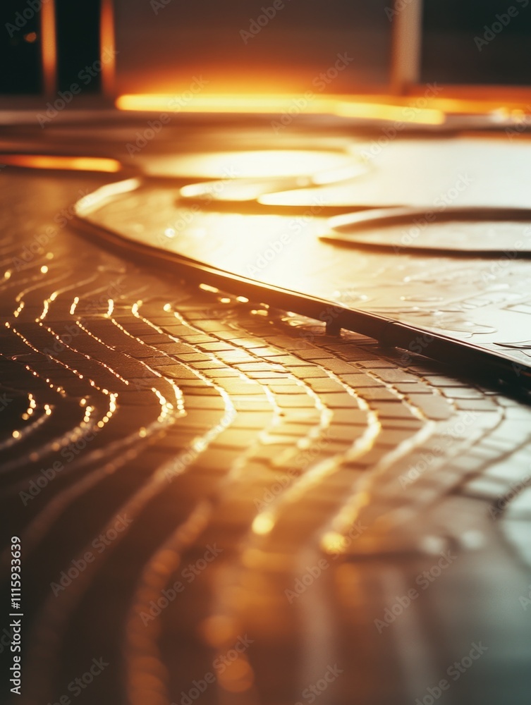 Poster a train track at sunset with the path of light and shadow creating a dynamic scene.