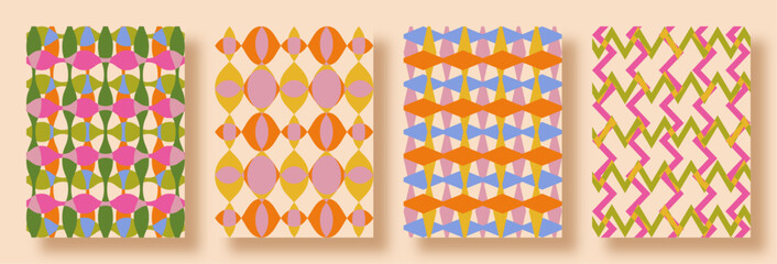 Modern Abstract Artsy Geometric Patterns. Maximalist Colorful Risograph Print, Surface Pattern Concept with Vibrant Hues, Hispanic and Nordic Culture Inspired.