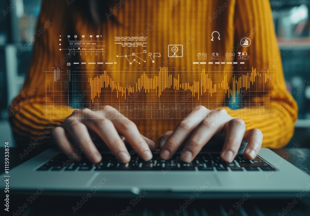 Poster a woman typing on a laptop with digital data visualization and graphs overlaid, representing technol