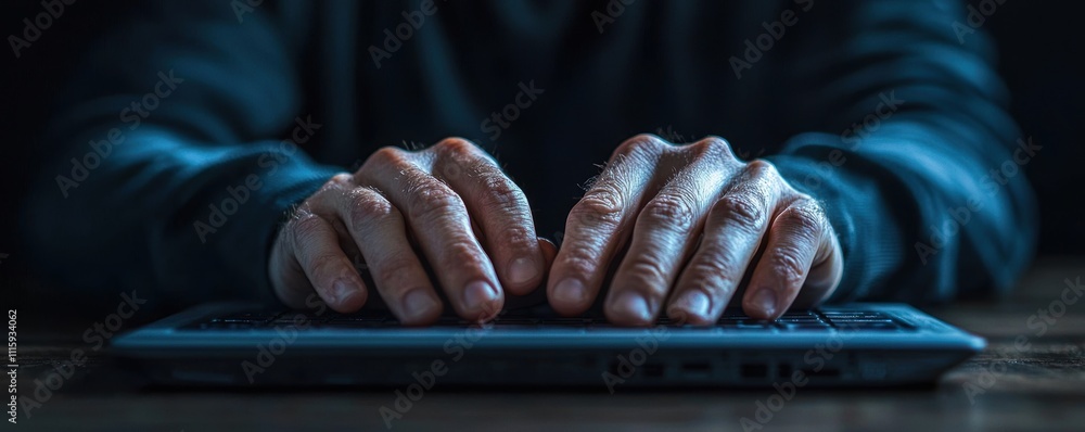 Poster close-up of hands typing on a laptop keyboard in a dimly lit environment, emphasizing focused work a