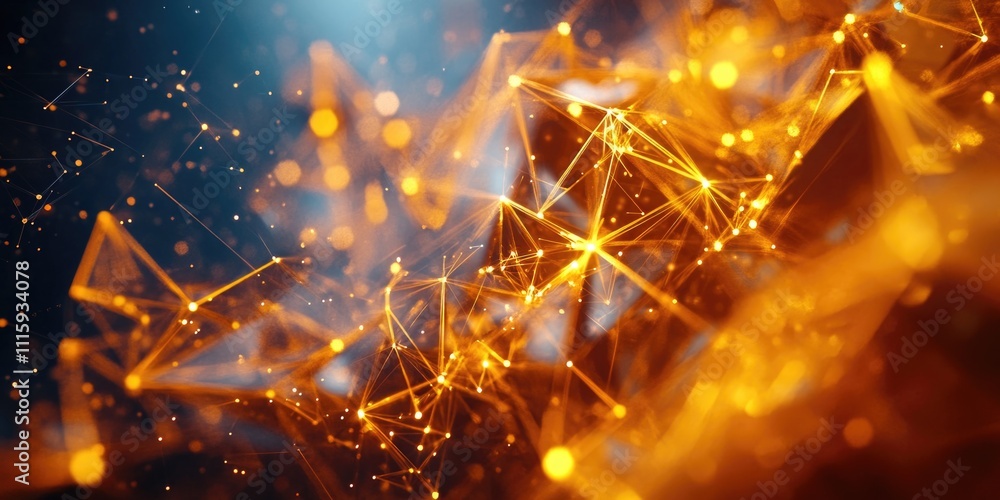 Poster bright orange and blue image of a network of lines and dots. the image is abstract and has a futuris