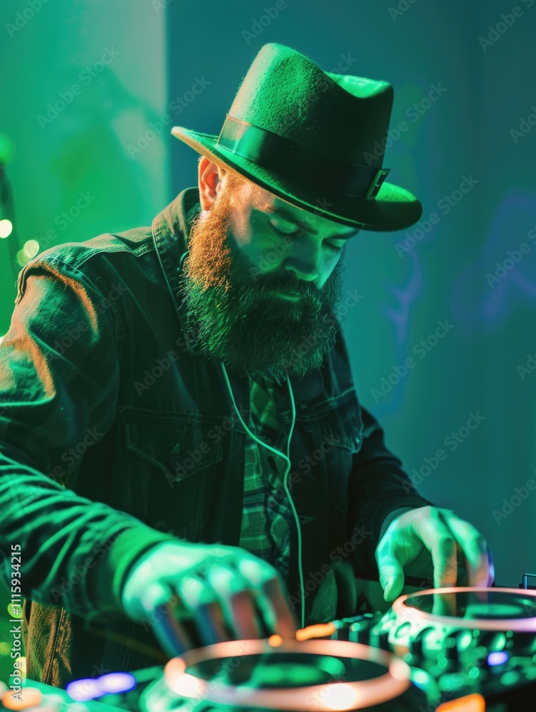 Poster dj with beard and hat playing music on a mixing console at an event. the setting is illuminated by l