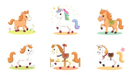 Naklejka premium set of funny cartoon ponies. delightful collection features a range of cute illustrated ponies, perfect for children's content, educational materials, and whimsical designs.