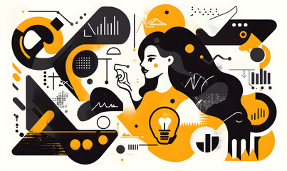 Abstract illustration of a woman amidst geometric shapes and data visualizations, symbolizing innovation, creativity, and problem-solving in business.