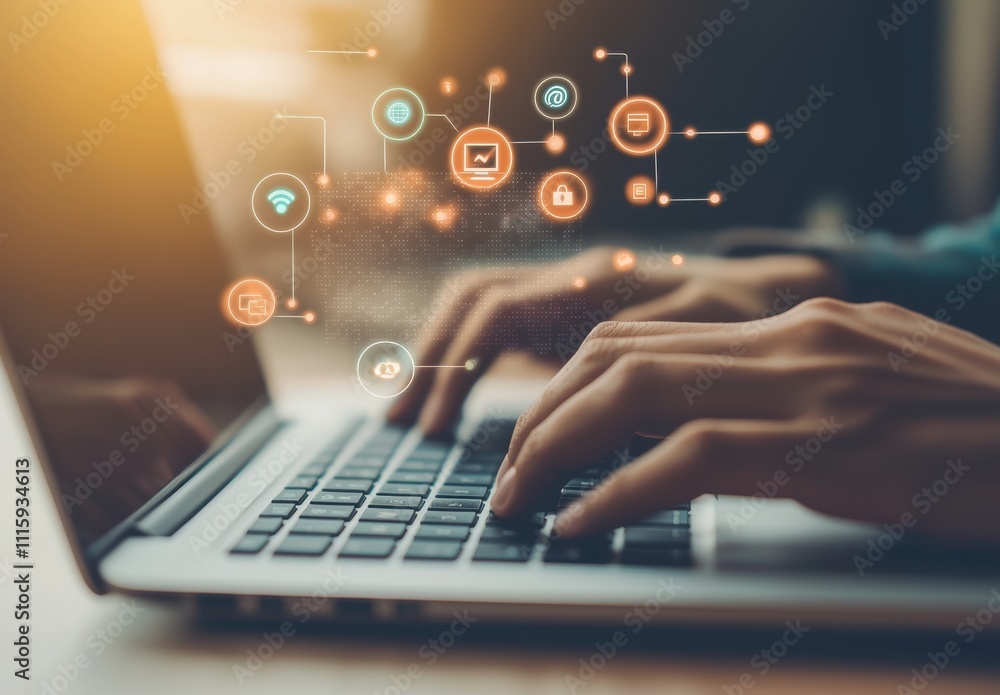 Poster hands typing on a laptop keyboard with digital communication icons floating above, symbolizing techn