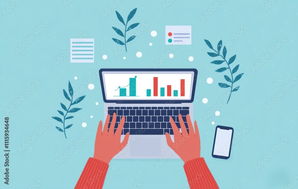 Poster hands typing on laptop with colorful bar charts and graphs surrounded by greenery and notes, ideal f
