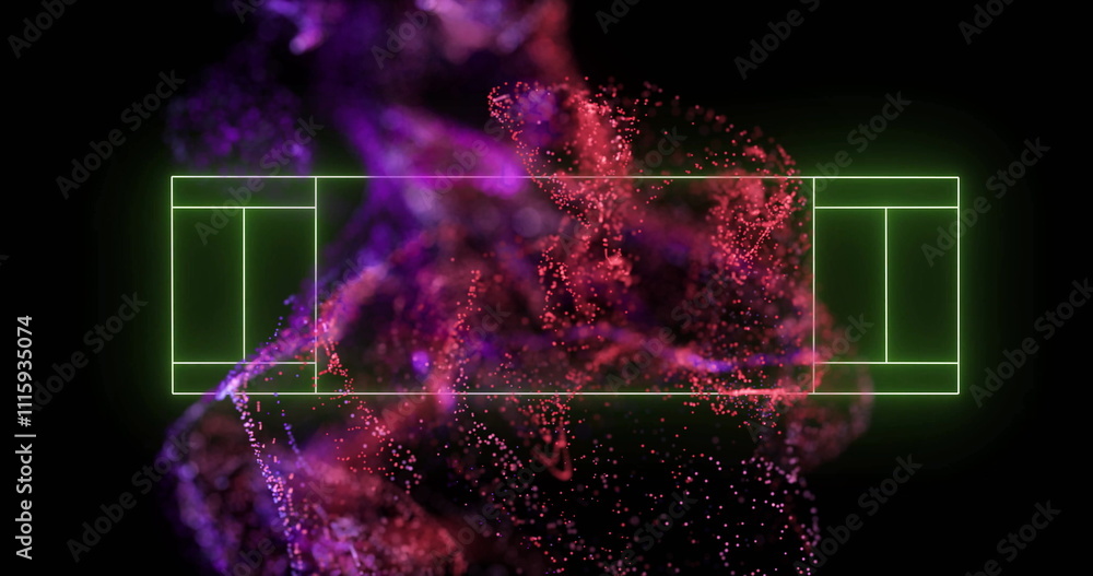 Poster neon green rectangles image over abstract purple and red particle background