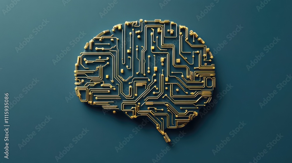 Poster artistic representation of brain with circuit board design in gold