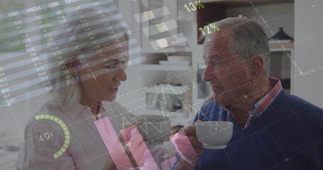 Image of financial data processing over senior caucasian couple drinking coffee