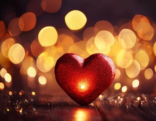 glowing red heart with golden bokeh lights for love and warmth