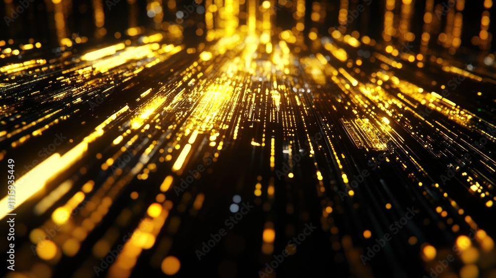 Poster an abstract digital background with sparkling golden particles on a dark backdrop, representing tech