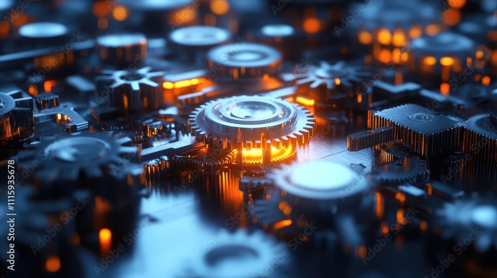 Poster glowing gears and cogs in a futuristic mechanical environment