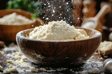 Fototapeta premium A wooden bowl filled with white flour, ready for baking